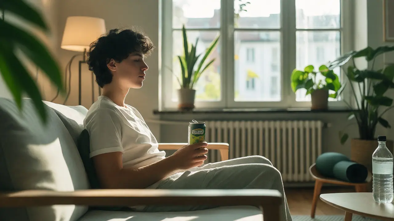 Člověk v klidu pije konopný nápoj v moderním interiéru