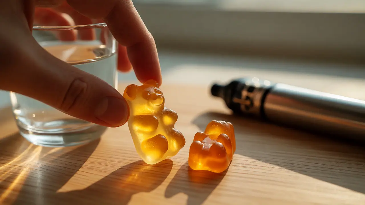 Detailní záběr na gumového medvídka a sklenici vody na dřevěném stole.