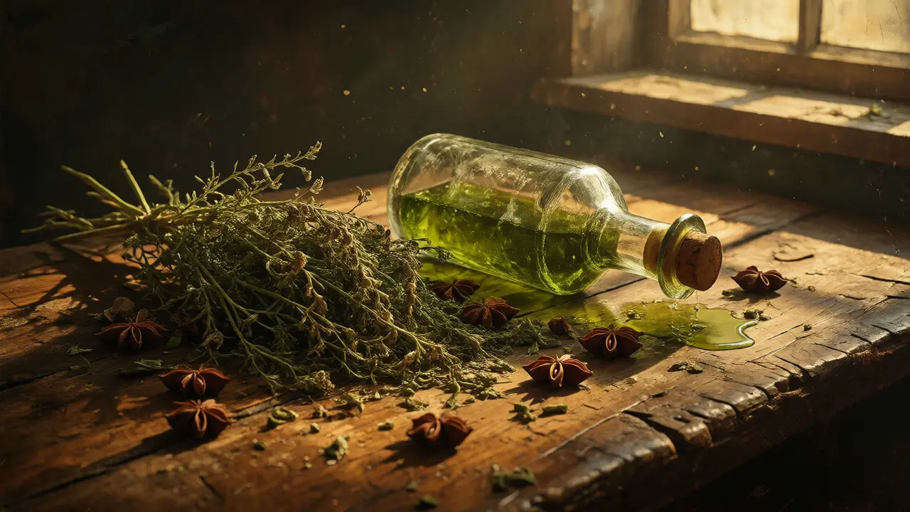 Láhev absintu s bylinkami pelyňku a badyánem na dřevěném stole