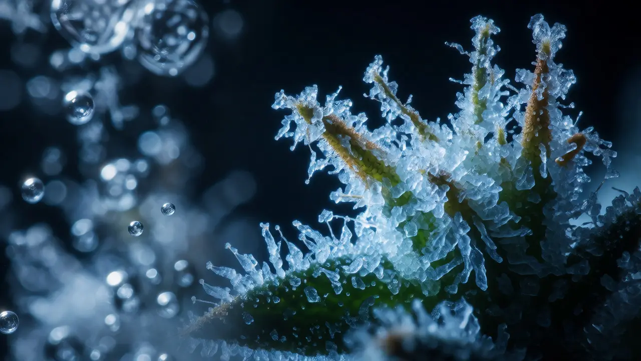 Makro fotografie krystalických trichomů na konopném květu s modrým osvětlením
