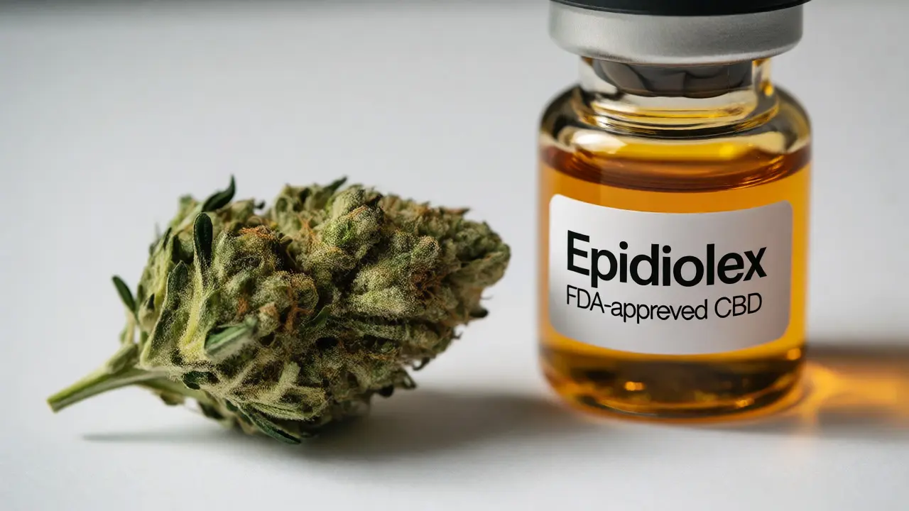 Makro záběr na CBD květ vedle lahvičky schváleného léku Epidiolex v laboratoři