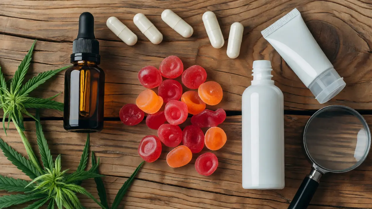 Pohled shora na různé typy CBD produktů: želé, olej, mast a kapsle uspořádané na dřevěném stole.