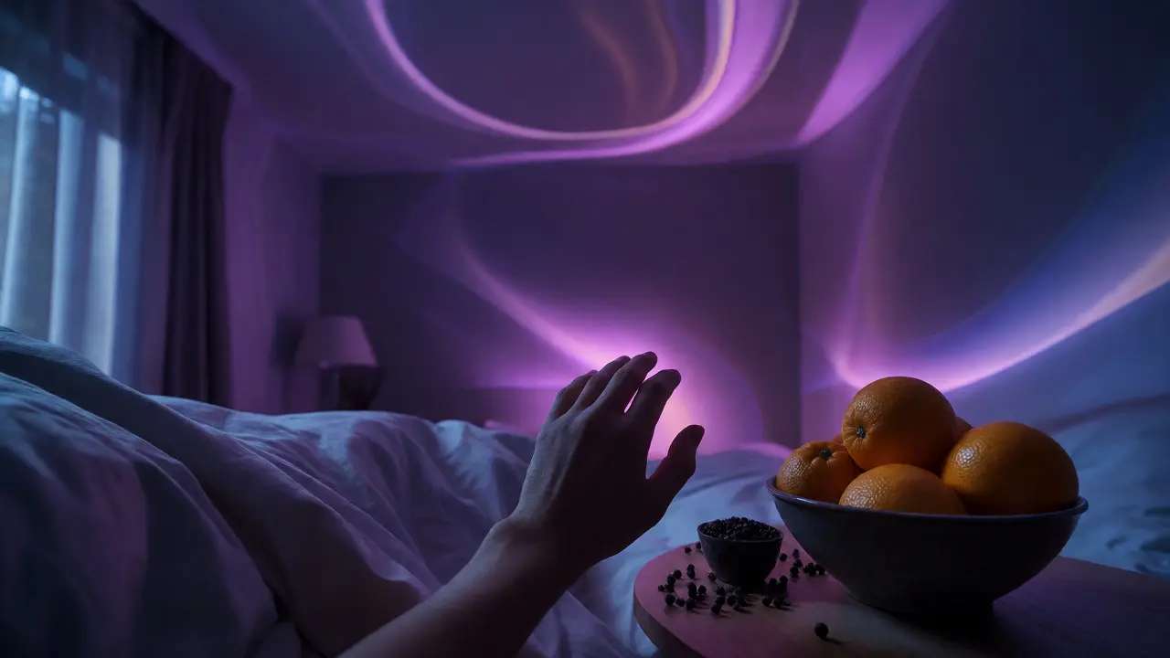 Pohled z první osoby na postel s oranžemi a pepřem, znázorňující uklidnění při bad tripu.