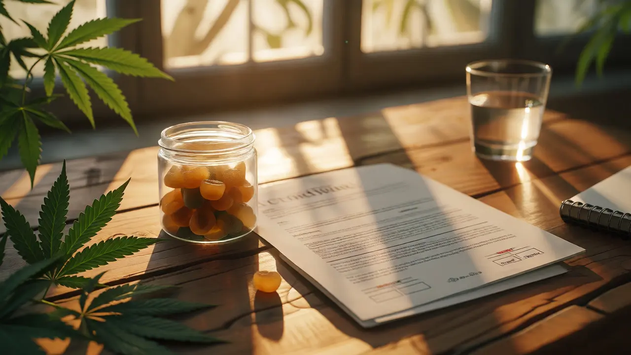 Premium sklenice CBD gummies na stole s listy konopí