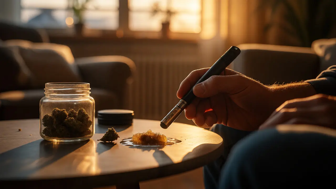 Ruka používající vaporizér s kouskem hashe a skunkem v teplém večerním světle