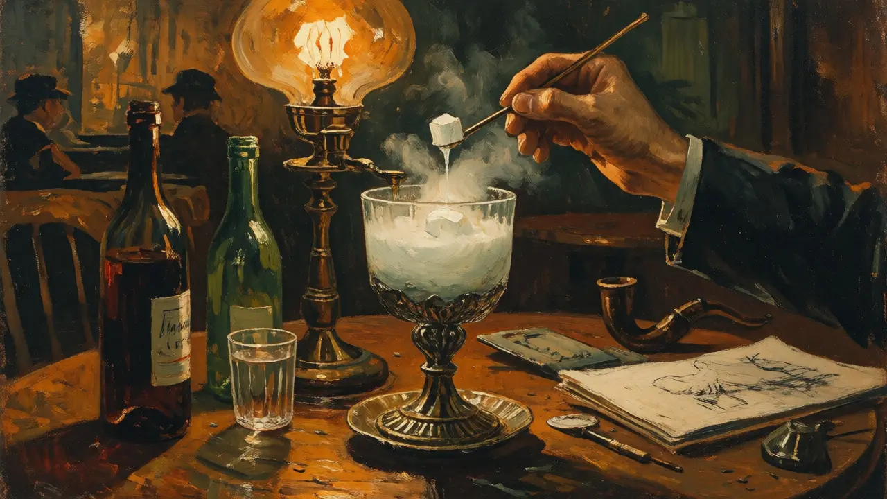 Výjev z pařížské kavárny s přípravou absintu v historickém stylu