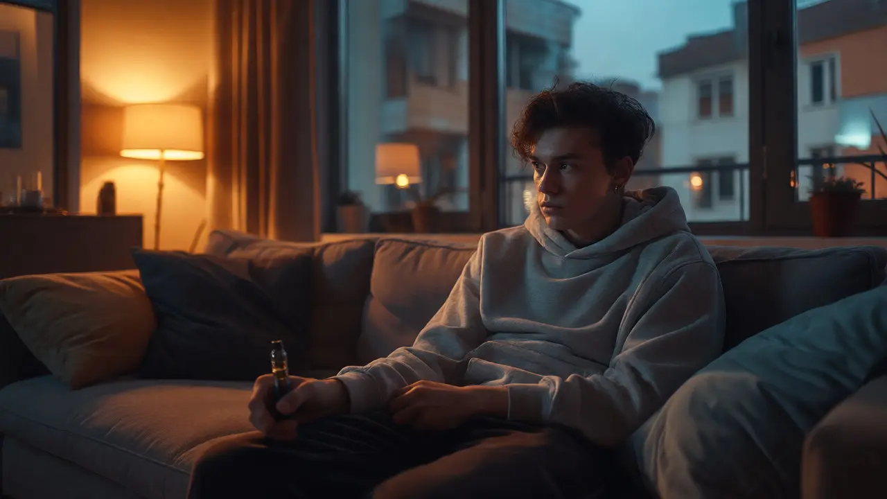 Zamyšlený uživatel vapu v tlumeném osvětlení obýváku