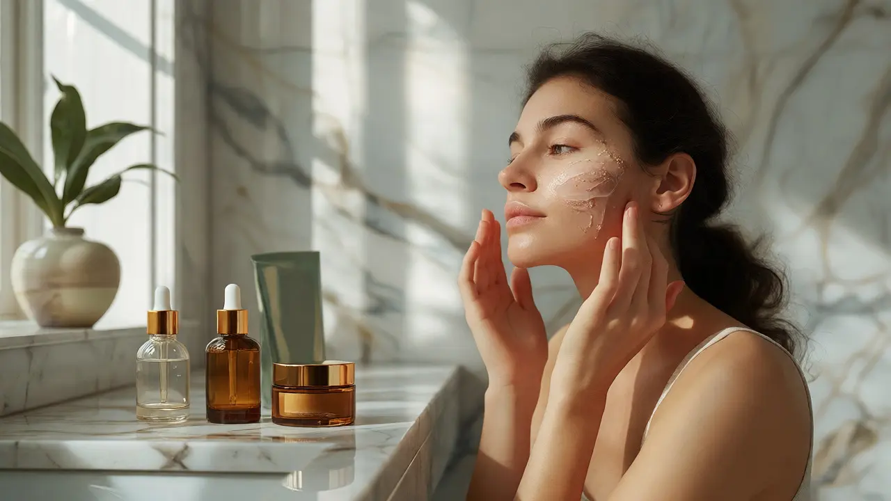 Žena aplikuje sérum na obličej v moderní koupelně s produkty CBG