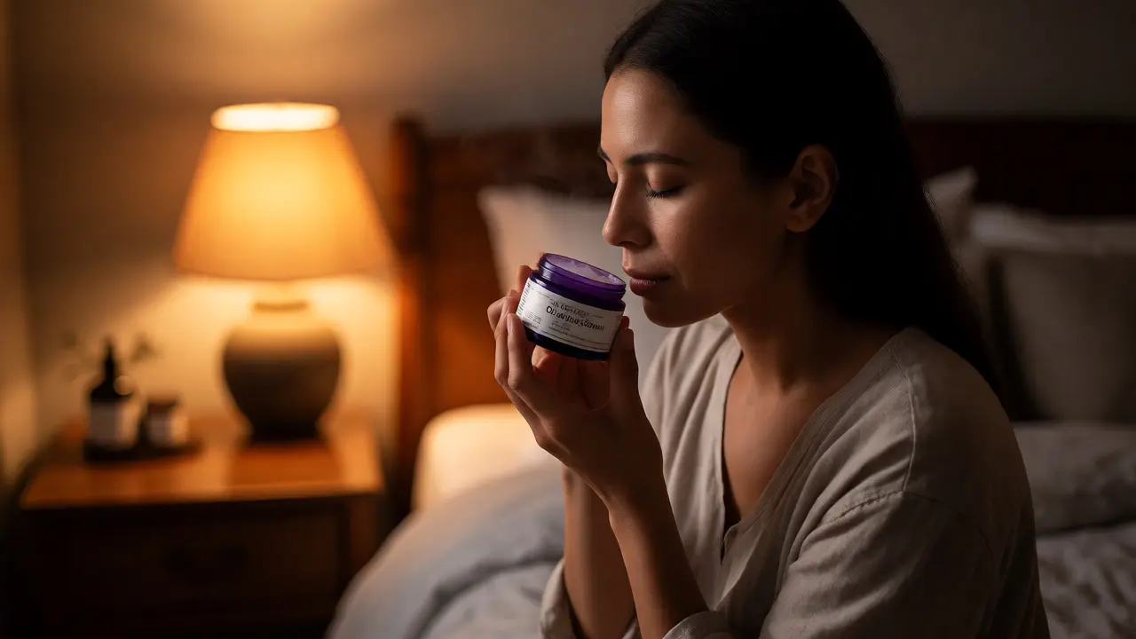 Žena užívající CBD krém s levandulí před spaním pro relaxaci